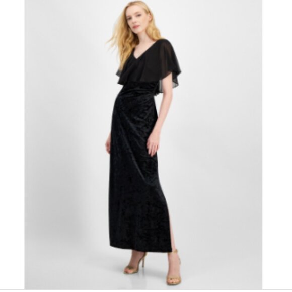 Connected Women's Cape Ruffle Velvet Gown - Black - Picture 1 of 4